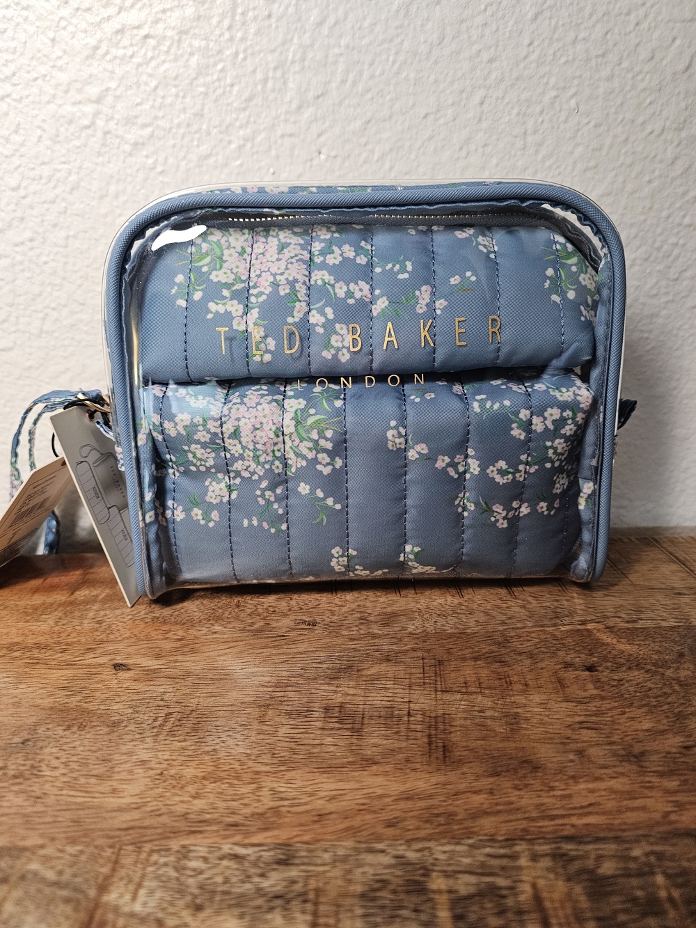 NWT Ted Baker London 3-Pc Quilted Floral & Clear Cosmetic Bag Travel Set Blue